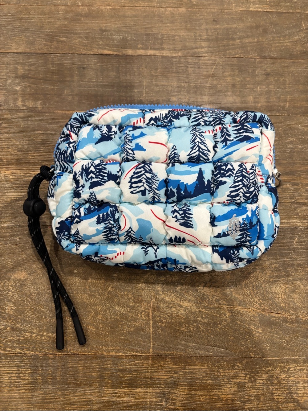 FREE PEOPLE MOVEMENT Quilted Blue Winter-Print Cosmetic Pouch with Wrist Strap